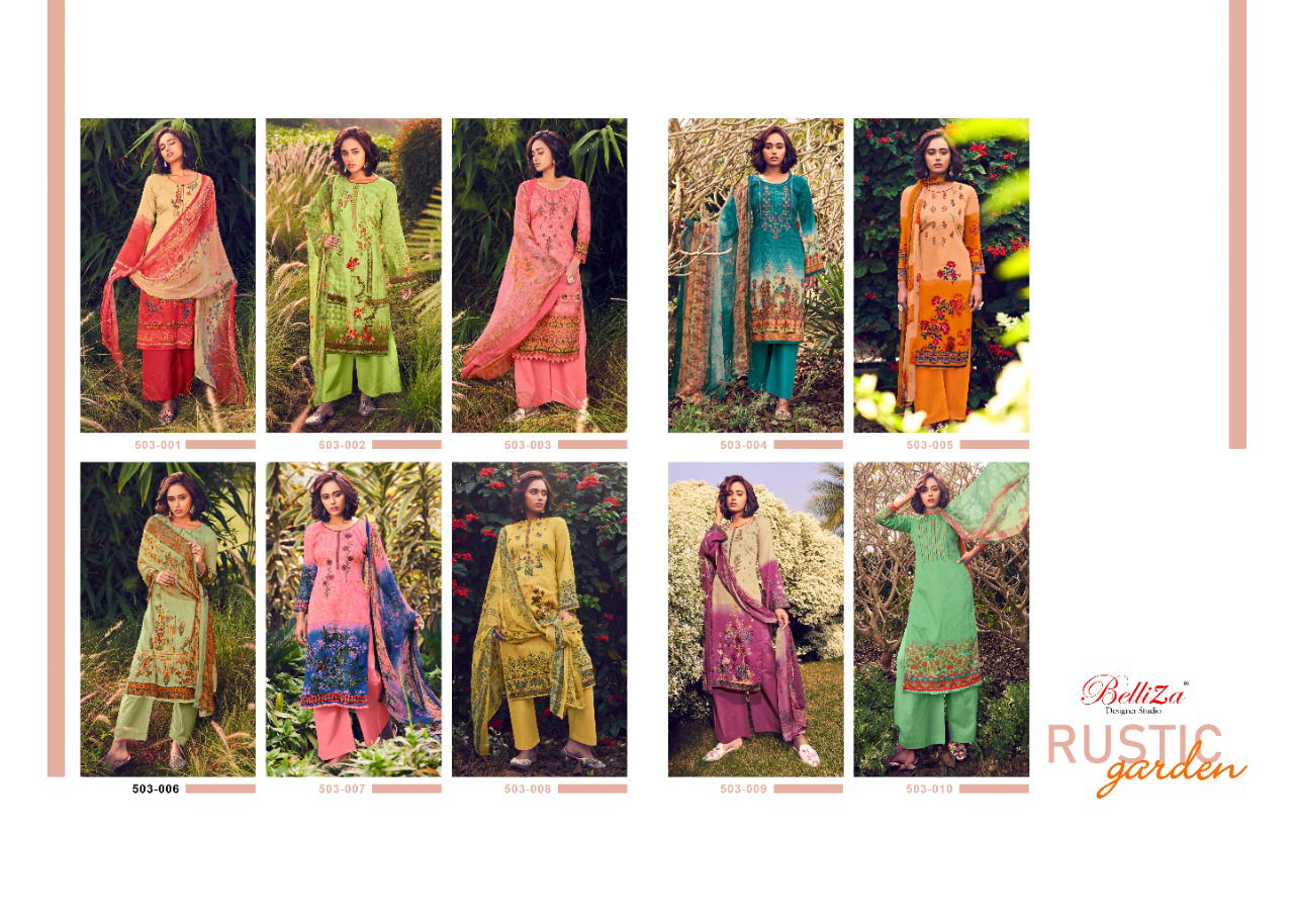 Belliza Rustic Garden Ethnic Wear Cotton Digital Print And Embroidery Work Top With Bemberg chiffon Dupatta Dress Materials Collection